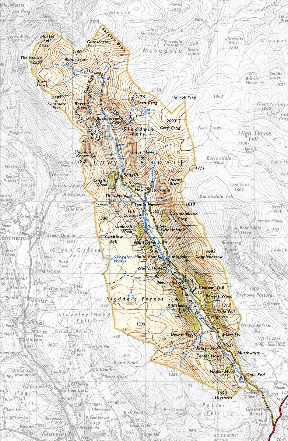 map of Longsleddale derived from OS 7th series (1957) sheets 83, 89